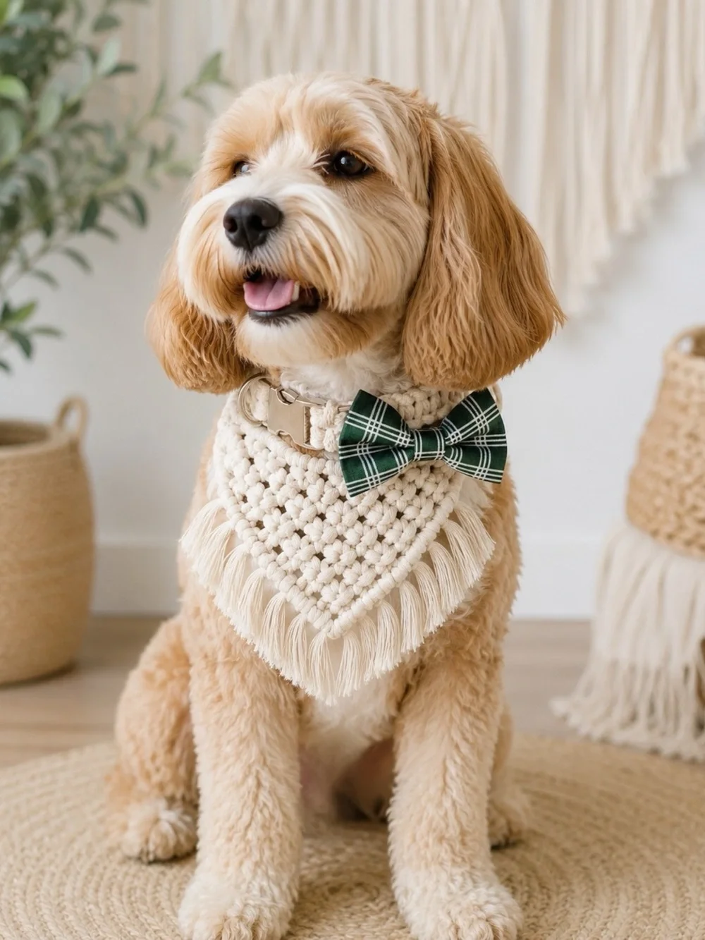 Cream Bandana Set - Collar, Bandana and Green Plaid Bow.